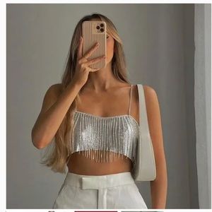 ZARA RHINESTONE FRINGE CROP TOP
